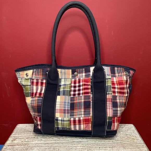 J. Crew Multicolor Classic Cotton Madras Preppy Patchwork Purse Tote Bag Navy - Picture 8 of 13